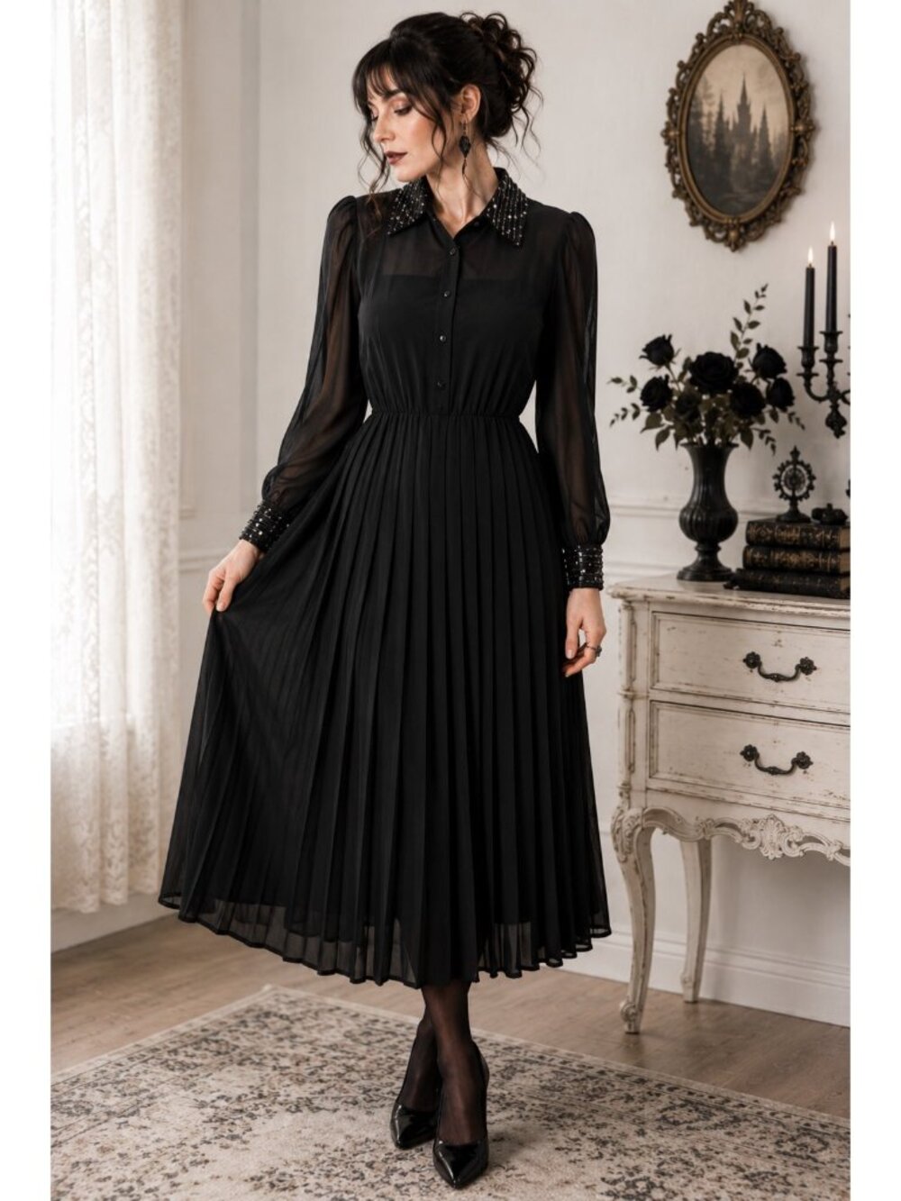 Vintage Gothic Glam Black Sequin Collar Pleated Midi Dress Size 12 Dark Academia